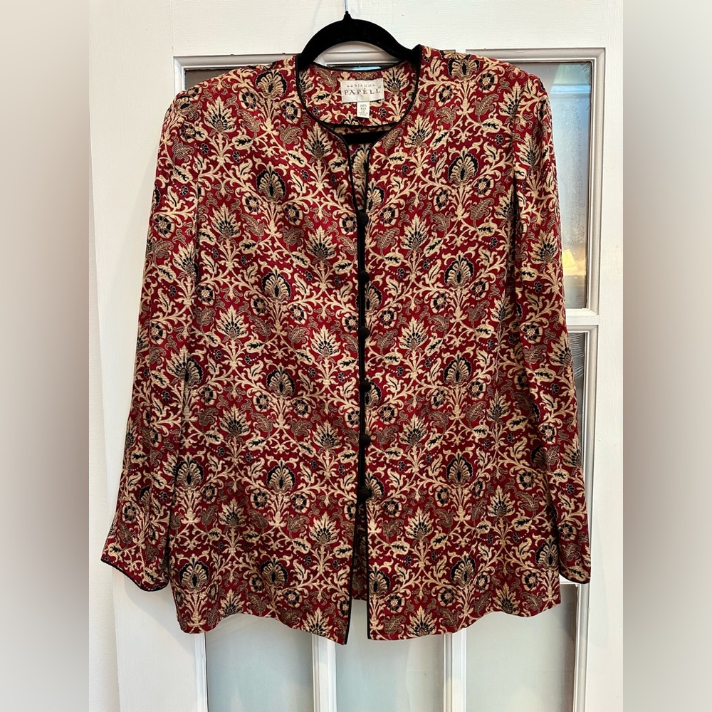 Vintage Adrianna Papell Wine & Gold 100% Silk Button Blouse Jacket Size 12